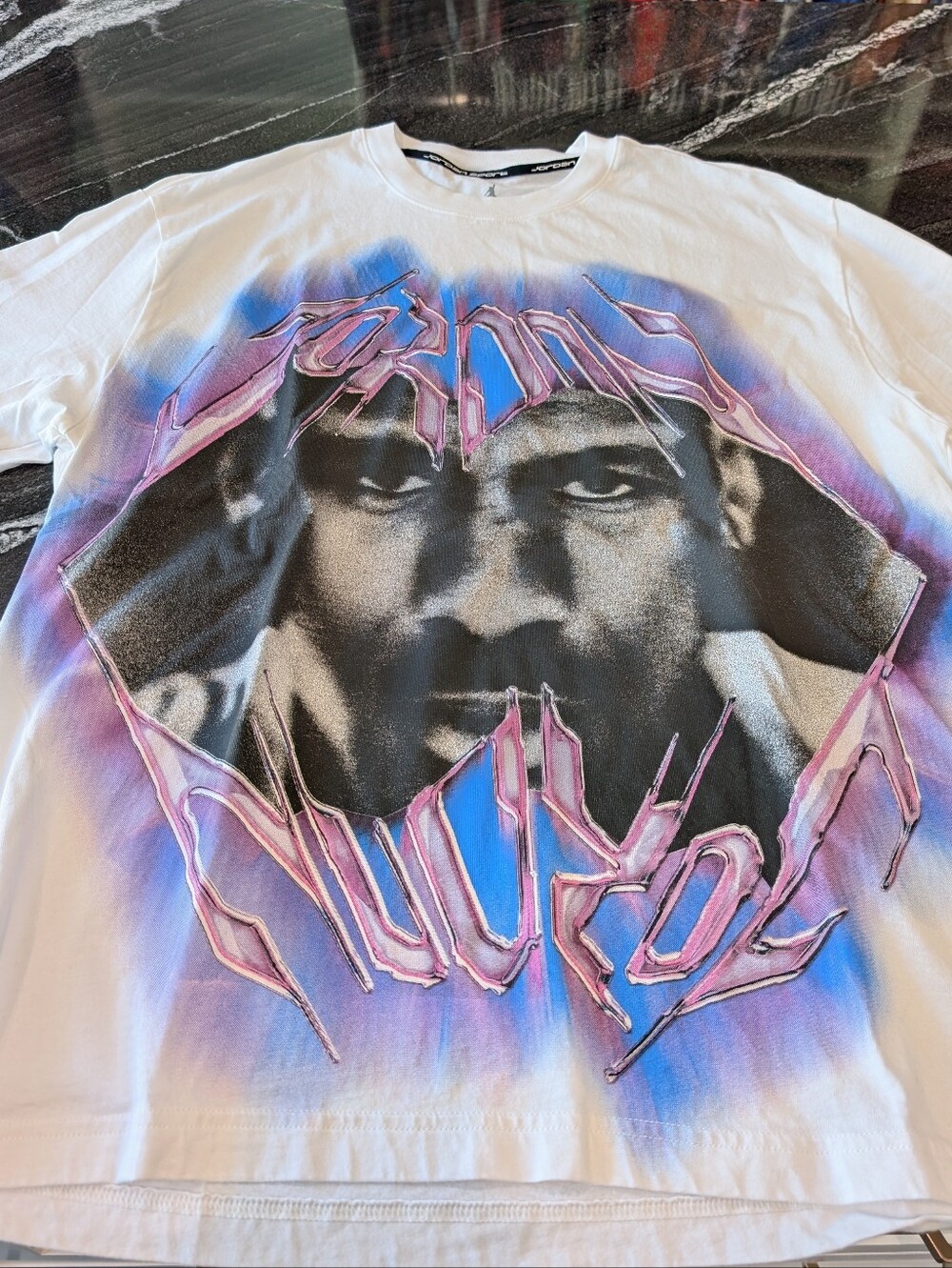 Nike Jordan White Graphic Men’s Tee with Pink & Blue Airbrush Face Design